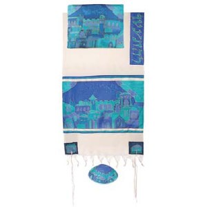 Yair Emanuel Cotton and Silk Tallit Set - Jerusalem Gate in Blue 50" x 77"