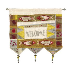 Yair Emanuel English Welcome Wall Hanging -  Gold with Fish