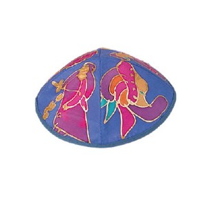 Yair Emanuel Silk Painted Kippah - Blue Figures