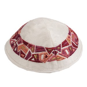 Yair Emanuel Embroidered Kippah - Geometrical Maroon Shapes