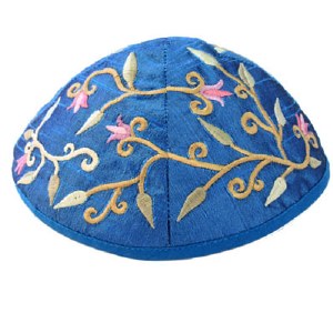 Yair Emanuel Blue Embroidered Kippah - Flowers