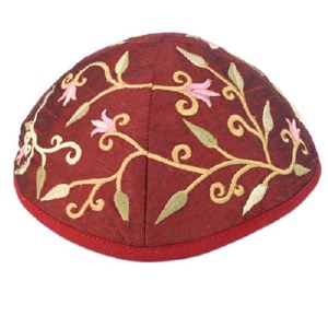 Yair Emanuel Embroidered Kippah Flowers Design Red