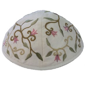 Yair Emanuel Embroidered Kippah White with Pink and Green Flower Design