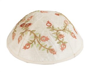 Yair Emanuel Embroidered Kippah with Pomegranates - White and Gold