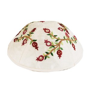 Yair Emanuel Embroidered Kippah with Pomegranates - White and Red