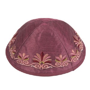 Yair Emanuel Embroidered Kippah Maroon Flower Design