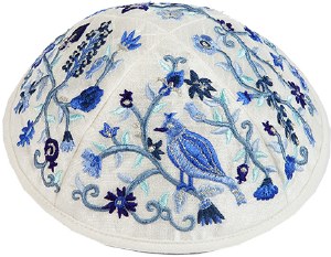 Yair Emanuel Kippah Embroidered Birds and Flowers Design Blue