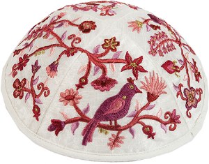 Kippah Embroidered Pink Birds and Flowers Designed by Yair Emanuel