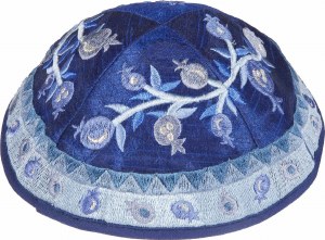 Yair Emanuel Embroidered Kippah Pomegranates - Blue