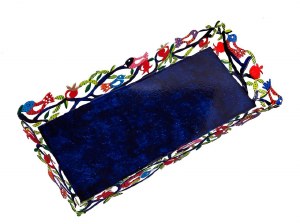 Yair Emanuel Tray Laser Cut Rectangular Bordered with Multicolor Pomegranates