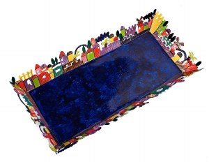 Yair Emanuel Tray Laser Cut Rectangular Bordered with Multicolor Jerusalem
