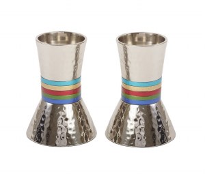 Yair Emanuel Candlesticks Hammered Metal Designed with Multi Color Rings 4"