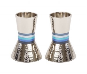 Yair Emanuel Candlesticks Hammered Metal Designed with Blue Rings 4"