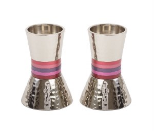 Yair Emanuel Candlesticks Hammered Metal Designed with Red Rings 4"