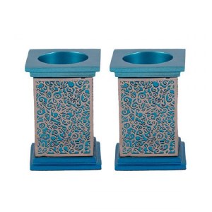 Yair Emanuel Square Candlesticks Turquoise with Silver Colored Exquisite Metal Cutout