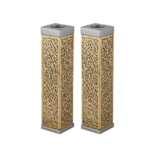 Yair Emanuel Tall Square Candlesticks Silver Colored with Brass Exquisite Metal Cutout