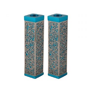 Yair Emanuel Tall Square Candlesticks Turquoise with Silver Colored Exquisite Metal Cutout
