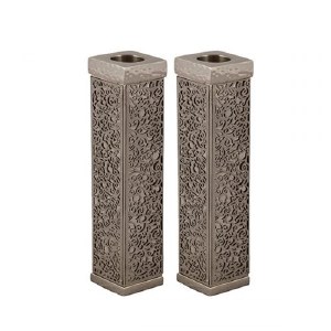 Yair Emanuel Tall Square Candlesticks Silver Colored with Exquisite Metal Cutout
