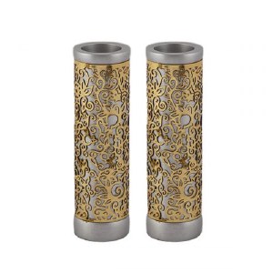 Yair Emanuel Round Candlesticks Silver Colored with Brass Exquisite Metal Cutout