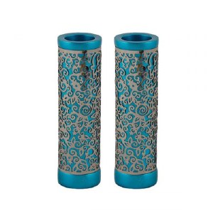 Yair Emanuel Round Candlesticks Turquoise with Silver Colored Exquisite Metal Cutout