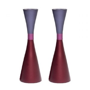 Yair Emanuel Anodized Aluminum Candlesticks Hour Glass Shape Ring Design Maroon and Purple 7"