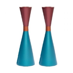 Yair Emanuel Anodized Aluminum Candlesticks Hour Glass Shape Ring Design Turquoise and Red 7"