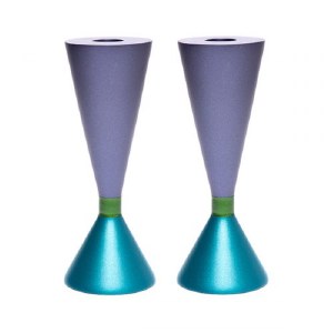 Yair Emanuel Anodized Aluminum Candlesticks Double Sided Purple and Turquoise 6.5"
