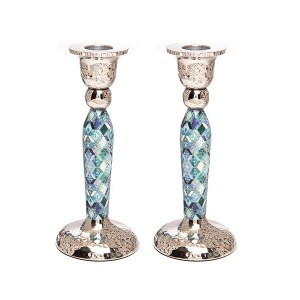 Yair Emanuel Hammered Stainless Steel Candlesticks Diamond Design Blue 6.5"