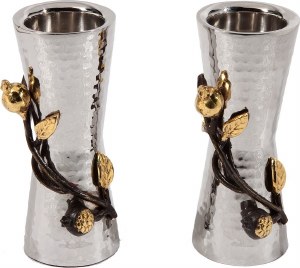 Yair Emanuel Small Hammered Candlesticks with Pomegrante Branch
