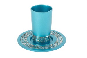 Yair Emanuel Kiddush Cup Turqoise Anodized Aluminum Decorated with Silver Lace