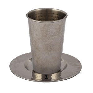 Yair Emanuel Stainless Steel Kiddush Cup and Tray Hammered Style