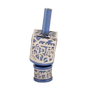 Decorative Dreidel on Base Blue Anodized Aluminum with Silver Metal Cutout Jerusalem Design Size Small by Yair Emanuel