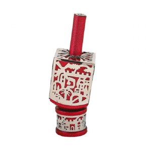 Decorative Dreidel on Base Red Anodized Aluminum with Silver Metal Cutout Jerusalem Design Size Small by Yair Emanuel