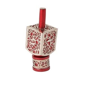 Decorative Dreidel on Base Red Anodized Aluminum with Silver Metal Cutout Pomegranate Design Size Small by Yair Emanuel