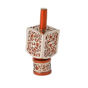 Decorative Dreidel on Base Orange Anodized Aluminum with Silver Metal Cutout Pomegranate Design Size Small by Yair Emanuel