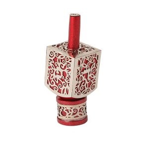 Decorative Dreidel on Base Red Anodized Aluminum with Silver Colored Metal Cutout Floral Design Size Medium by Yair Emanuel