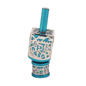 Decorative Dreidel on Base Turquoise Anodized Aluminum with Silver Colored Metal Cutout Jerusalem Design Size Medium by Yair Emanuel