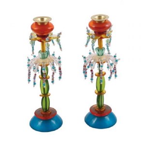 Yair Emanuel Candlesticks Tall Beaded Rows of Turquoise, Orange, Green