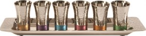 Yair Emanuel Liquor Set Hammered Aluminum Multicolor 6 Cups with Tray