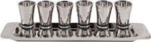 Yair Emanuel Set of 6 Liquor Cups Cone Shaped Hammered Nickel Designed with Black Rings