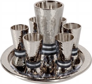 Yair Emanuel Kiddush Set Cone Shaped Hammered Nickel Designed with Black Rings