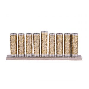 Candle Menorah Silver Colored Aluminum Cylinders with Exquisite Brass Metal Cutouts by Yair Emanuel