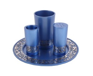 Havdallah Set Anodized Aluminum Cutout Blue 4 Piece Set Designed by Yair Emanuel