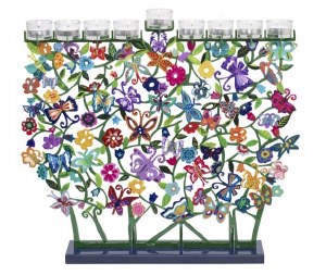 Yair Emanuel Metal Tealight Candle Menorah Hand Painted Laser Cut Design Butterflies Large Size
