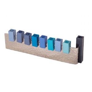 Yair Emanuel Hammered Menorah L Shaped with Anodized Blue Stems