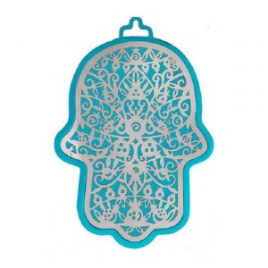 Hamsa Emanuel Anodized Aluminum Pomegranate Cutout Silver on Turquoise