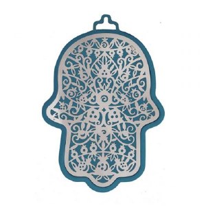 Hamsa Emanuel Anodized Aluminum Pomegranate Cutout Silver on Navy Blue