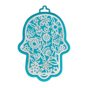 Hamsa Emanuel Anodized Aluminum Flowers Cutout Silver on Turquoise