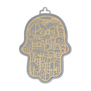 Hamsa Hand Emanuel Anodized Aluminum Jerusalem Cutout Brass on Silver
