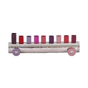 Candle Menorah Hammered and Anodized Train Shape Maroon by Yair Emanuel